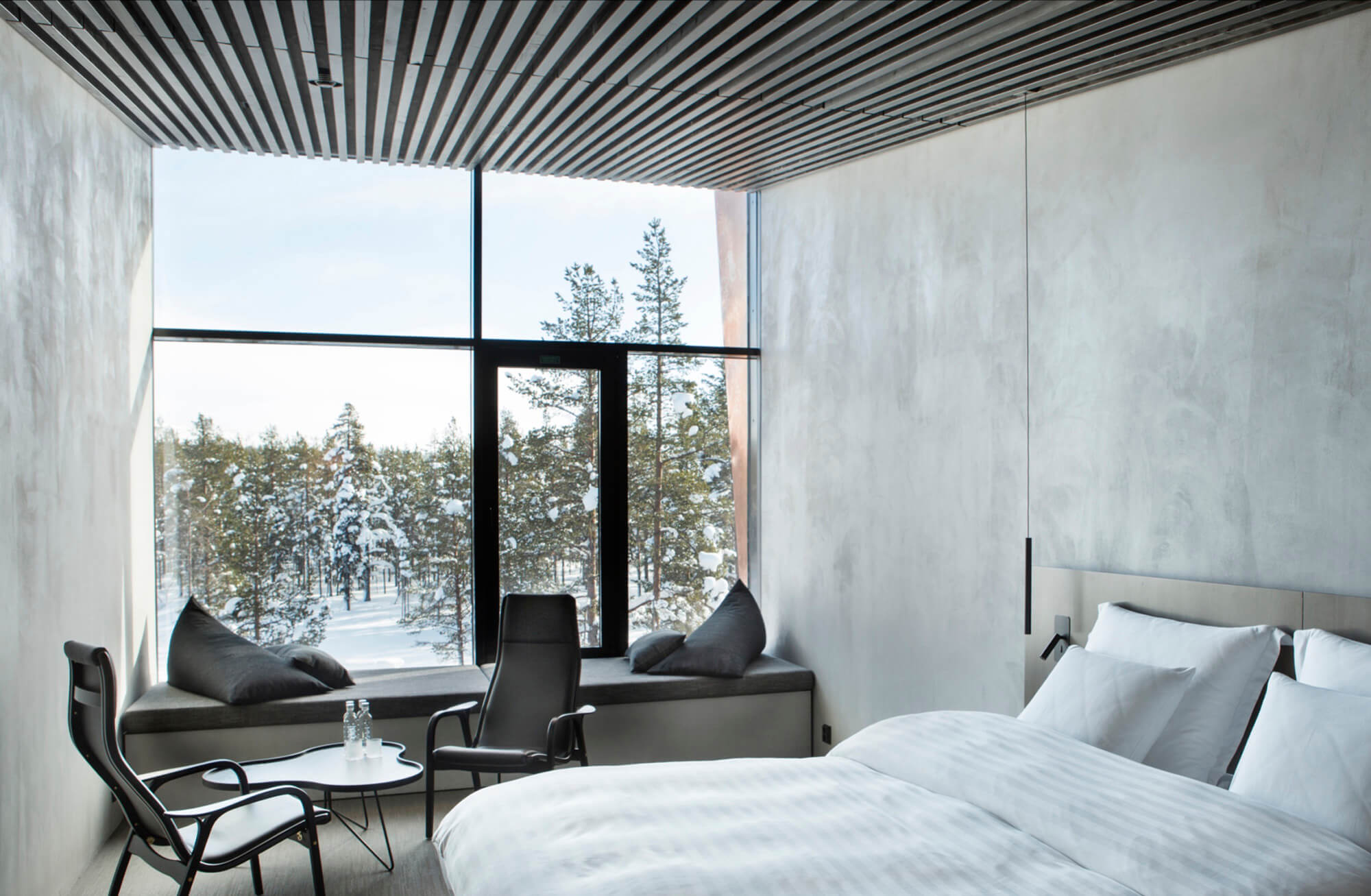 Accommodation in scandi chic rooms and suites – a scenery from one of our SkyView Suites.